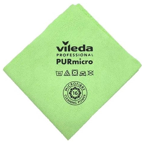 Vileda PURmicro green microfiber cleaning cloth with care symbols.