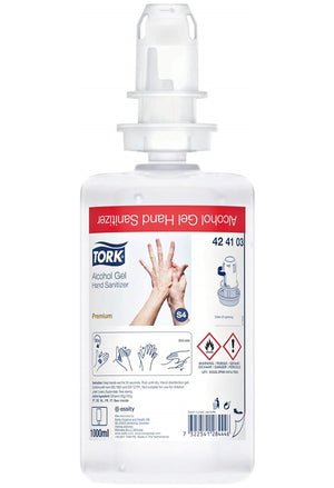 Transparent Tork hand sanitizer gel in a 1L bottle with a simple pump dispenser.