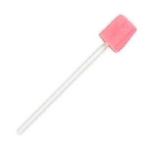 Ein rosa Schwamm auf einem weißen Stiel, einzeln verpackt.