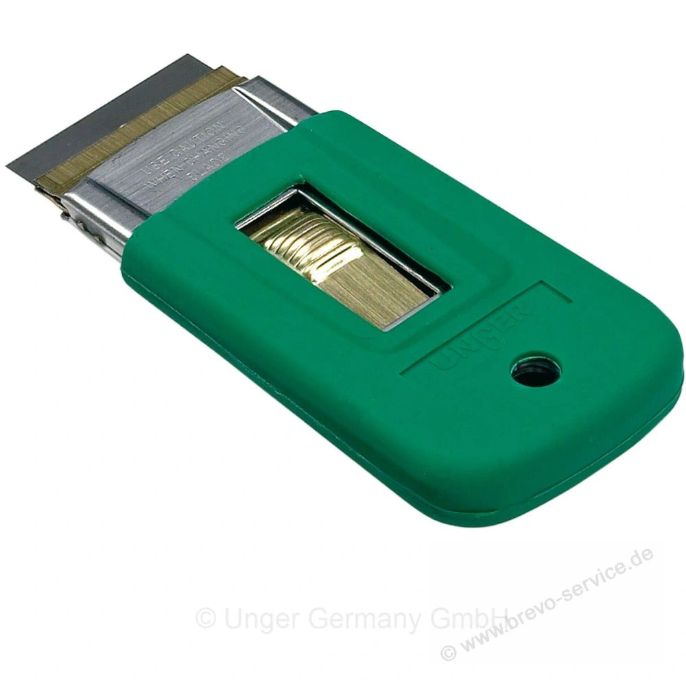 Ein grüner Sicherheitsschaber mit Metallklinge und ergonomischem Griff.