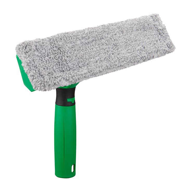 Fensterwischer mit grünem Griff und grauem Wischbezug.