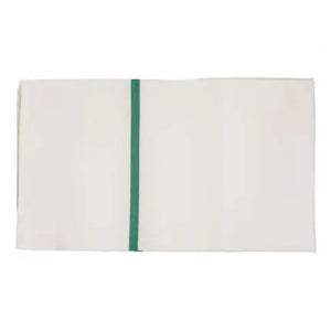 Weißer Wäschebeutel mit grünem Band und Knebelverschluss.