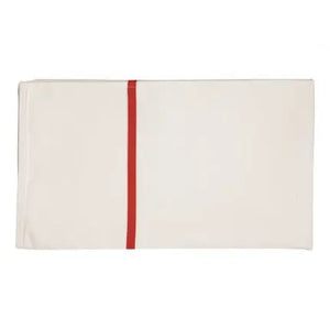 Weißer Wäschesack mit rotem Streifen.