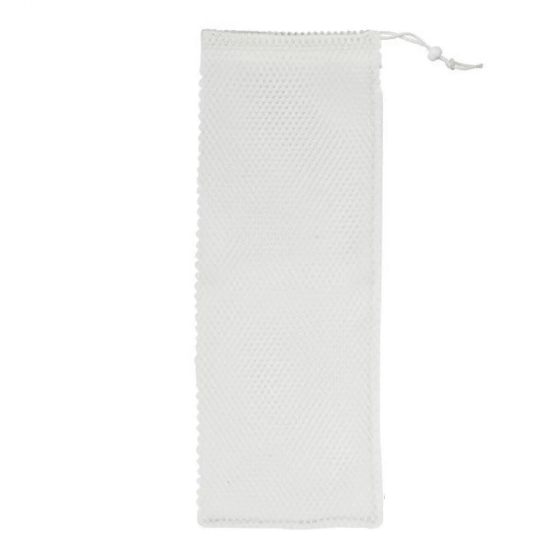 Weißes Wäschenetz mit Kordelzug und Wabenmuster.