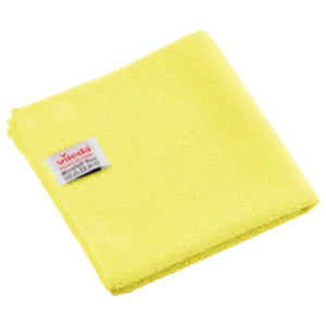 Ein gelbes Vileda MicroTuff Reinigungstuch mit Etikett.