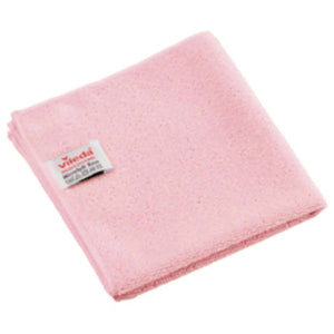 Ein rosa Vileda Mikrofasertuch mit Etikett.