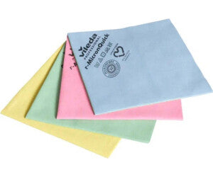 Vileda r-MicronQuick microfibre cloths in green, pink, yellow, and blue.