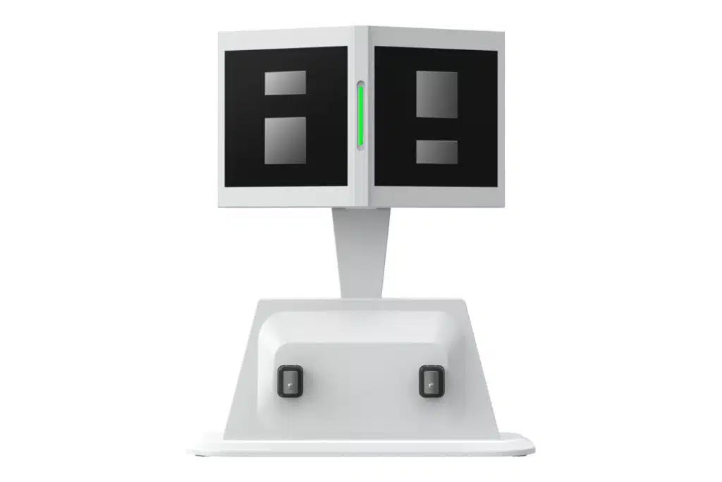 Ein weißer Saugroboter mit zwei Bildschirmen, die schwarze Quadrate zeigen.